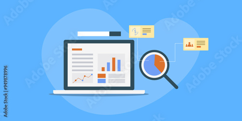 Business analytics software display diagram and graph KPI, website traffic and conversion revenue chart monitoring, financial data on laptop screen. Vector illustration concept.