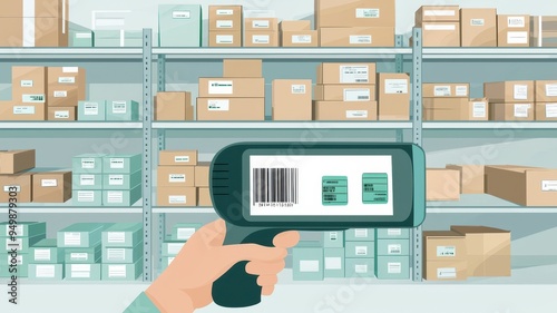 A hand holding a barcode scanner in a stock room filled with organized boxes on shelves, showcasing inventory management.