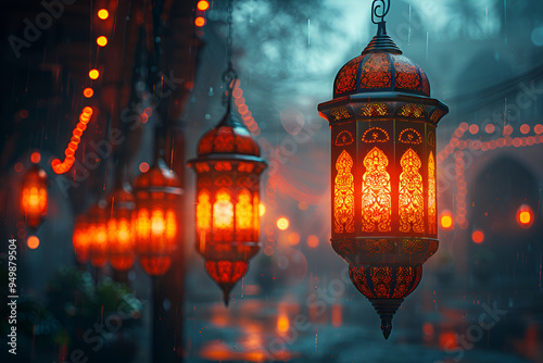 Colorful lanterns gracefully hang, their hues brightening the scene as rain gently falls around them.