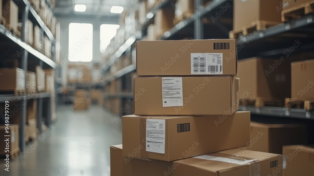 A stack of cardboard boxes in a spacious warehouse, showcasing efficient storage and organization for logistics and goods. A stack of cardboard boxes in a spacious warehouse, showcasing efficient storage and organization for logistics and goods.