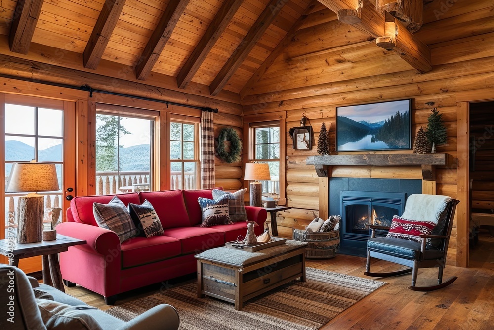 Rustic Cozy Cabin Living Room with Red Sofa and Warm Decor Ideas Rustic Cozy Cabin Living Room with Red Sofa and Warm Decor Ideas
