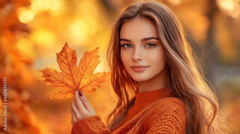 Handsome beautiful girl model in the fall season on the autumn landscape, trees and leaves background, with maple leaf in her hands Handsome beautiful girl model in the fall season on the autumn landscape, trees and leaves background, with maple leaf in her hands