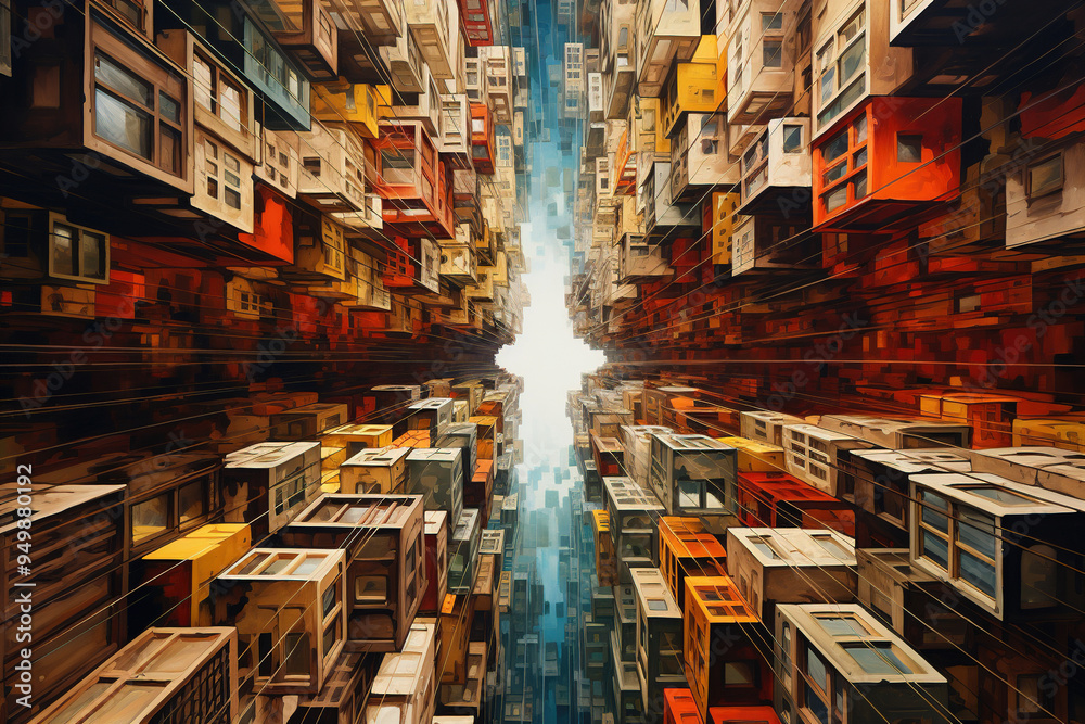 Fototapeta premium Futuristic Cityscape: Suspended Buildings and Geometric Patterns