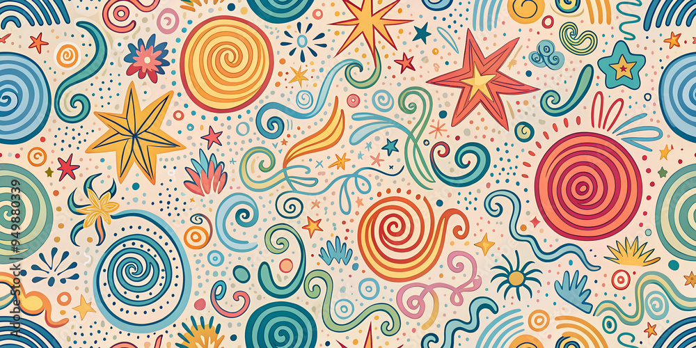 Fototapeta premium A background filled with colorful, hand-drawn shapes like spirals, squiggles, stars, and wavy lines, AI generated