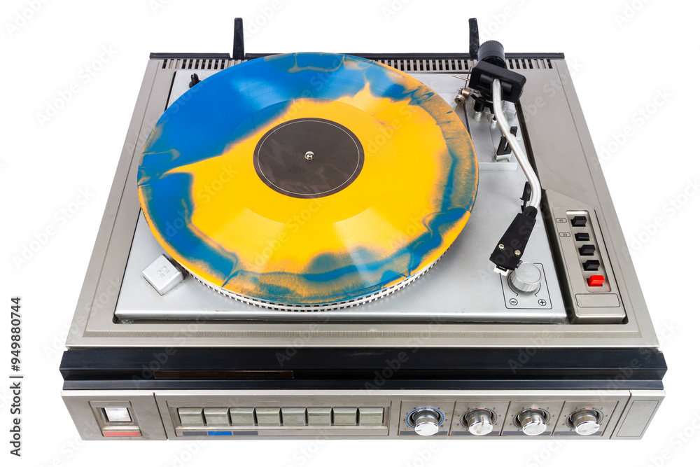 Fototapeta premium Vintage turntable record player with blue and orange vinyl isolated on white background.