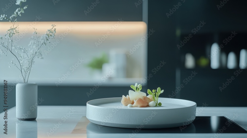 Elegant Minimalist Podium Presentation of Gourmet Dish in Modern Kitchen Setting
