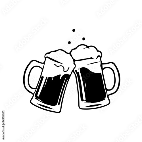 Beer Mugs Line Art Drawing. Drinks Beer Abstract Linear Silhouette on White. Glasses for Beer Modern Line Drawing for Logo Minimal Style, Label, Pub Design. Vector EPS 10