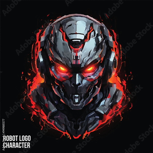 Artificial bot, hand mascot, human and chatbot, intelligence space, artificial AI support technology. symbol sign head logo icon strong villain eyes robot iron man 3d metal style future art metallic.