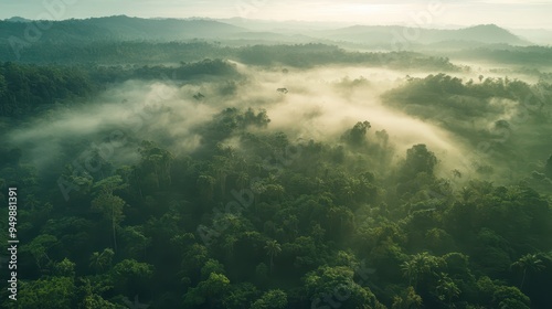 Highaltitude aerial view of a vast, untouched rainforest with a foggy atmosphere, symbolizing nature conservation and mystery, aerial, rainforest