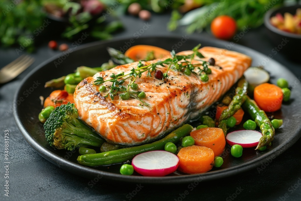 Roasted salmon steak with asparagos broccoli carrot tomatoes radish green beans and peas Roasted salmon steak with asparagos broccoli carrot tomatoes radish green beans and peas