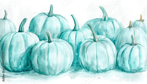 Watercolor Painting of Teal Pumpkins