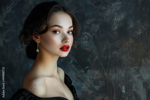 A woman wearing a black dress sits gracefully on a chair, showcasing a refined and sophisticated demeanor. A graceful lady model in a classic black gown with red lipstick, Ai generated
