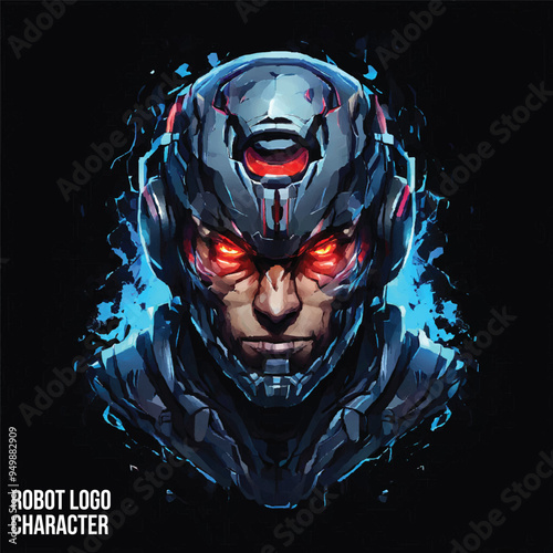 Artificial bot, hand mascot, human and chatbot, intelligence space, artificial AI support technology. symbol sign head logo icon strong villain eyes robot iron man 3d metal style future art metallic.