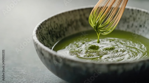 A bowl of freshly whisked matcha tea with a bamboo whisk dripping above it, showcasing the vibrant green color of the traditional Japanese beverage. photo