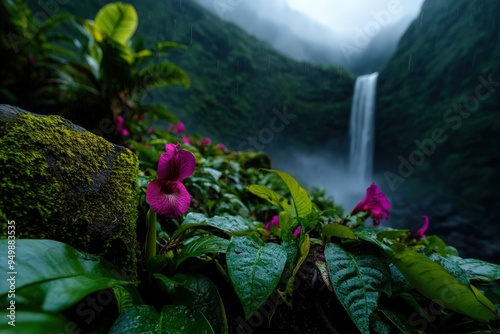 Close-up view showcasing the lush green plants adorned with pink flowers growing near a majestic waterfall in a misty and dense jungle environment. photo