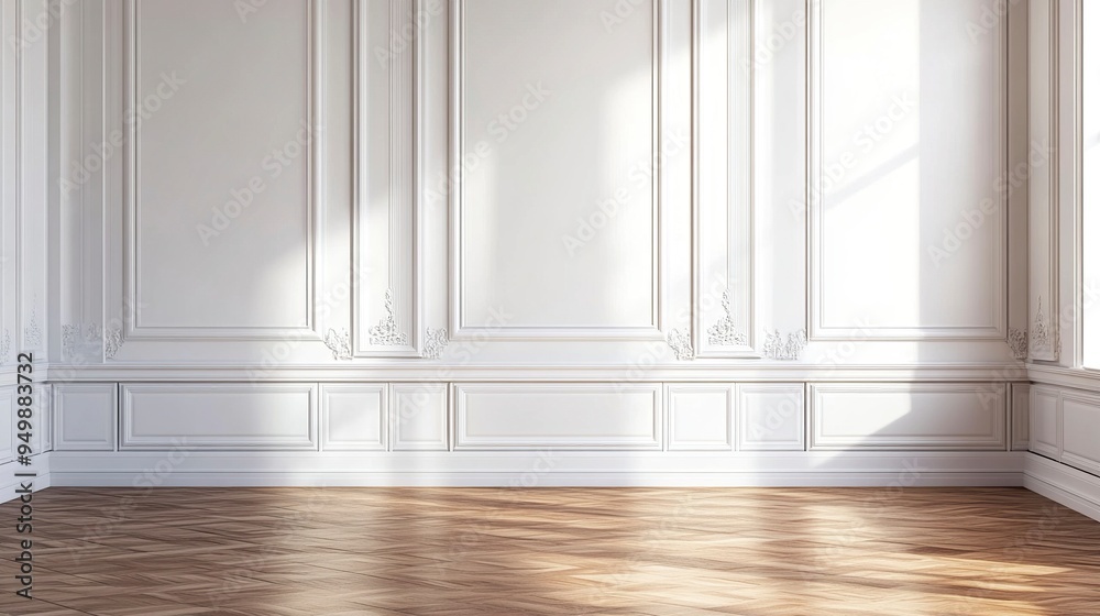 Room interior with white classic wall panel and wooden floor. Light background with luxury elegant molding frames. generative ai Room interior with white classic wall panel and wooden floor. Light background with luxury elegant molding frames. generative ai