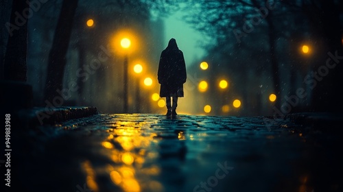 A solitary figure stands at the end of a cobblestone street, illuminated by scattered streetlights in the foggy night. The atmosphere is eerie and contemplative.