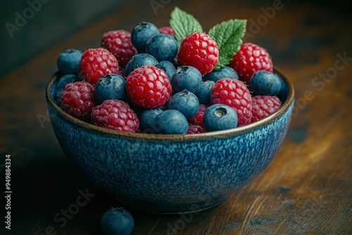 A Bowl of Fresh Blueberries and Raspberries on Wooden Table