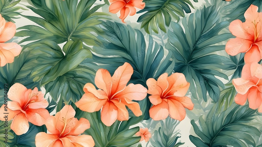 For a banner or photo wallpaper with a texture background, use tropical vegetation and palm palms. watercolor-painted wallpaper pattern. An example of generative AI For a banner or photo wallpaper with a texture background, use tropical vegetation and palm palms. watercolor-painted wallpaper pattern. An example of generative AI