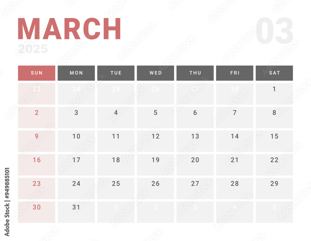 Monthly page Calendar Planner Template of March 2025. Vector layout of calendar with week start Monday for Scheduling. Page for size A4 or 21x29.7 cm Monthly page Calendar Planner Template of March 2025. Vector layout of calendar with week start Monday for Scheduling. Page for size A4 or 21x29.7 cm
