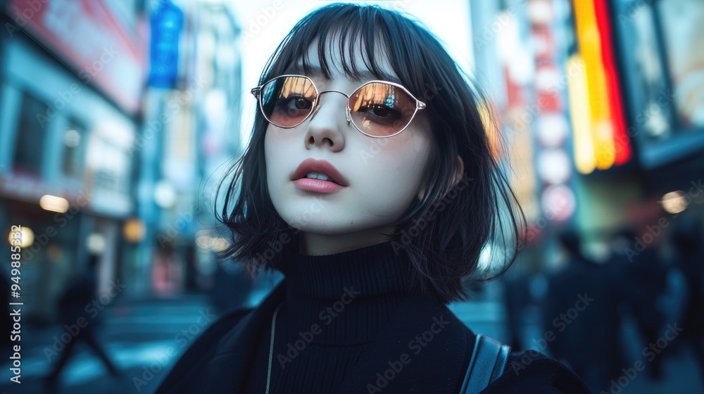 A 20-year-old Japanese woman in distinctive fashion, confidently walking through Shibuya, capturing the essence of Tokyo street style. A 20-year-old Japanese woman in distinctive fashion, confidently walking through Shibuya, capturing the essence of Tokyo street style.