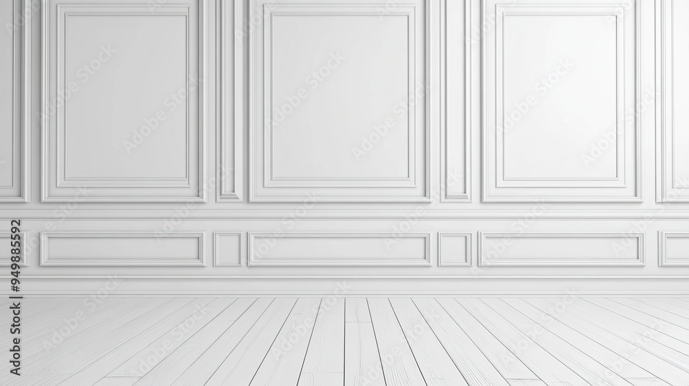 Room interior with white classic wall panel and wooden floor. Light background with luxury elegant molding frames. generative ai Room interior with white classic wall panel and wooden floor. Light background with luxury elegant molding frames. generative ai