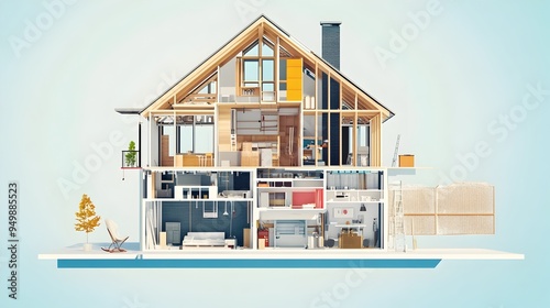Fototapeta Naklejka Na Ścianę i Meble -  Detailed infographic highlighting the key structural components and framework involved in the construction of a residential house