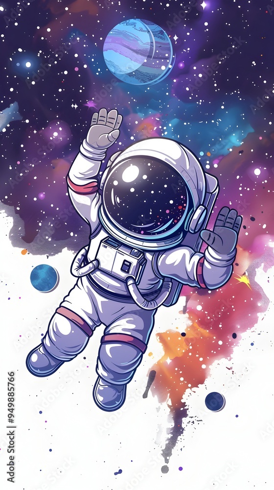 Cheerful Cartoon Astronaut Floating in Cosmic Space with Waving Gesture Cheerful Cartoon Astronaut Floating in Cosmic Space with Waving Gesture
