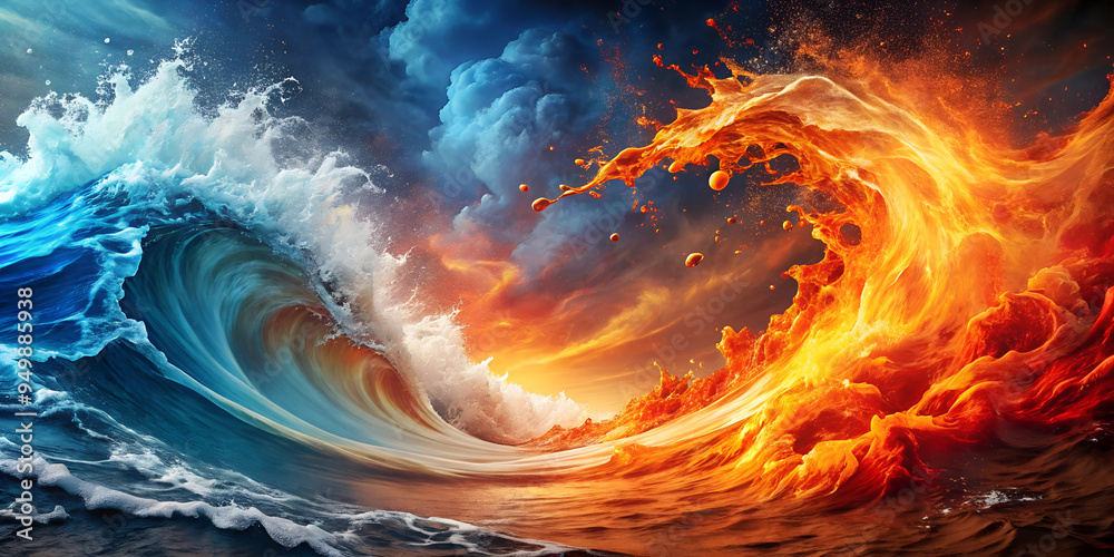 An abstract background that mixes waves of fire and water, with shades of red, orange and yellow flowing and mixing with blue, AI generated