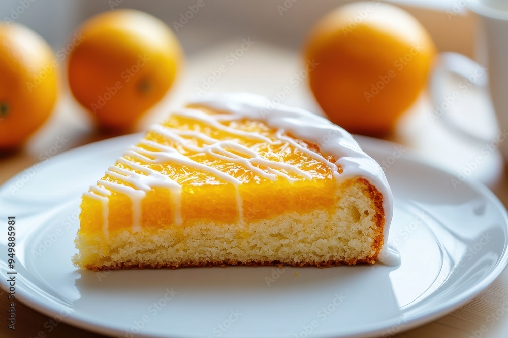 Slice of Orange Marmalade Cake with Glazed Topping on White Plate Slice of Orange Marmalade Cake with Glazed Topping on White Plate