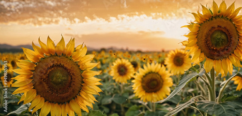 Sunflowers in a Field at Sunset