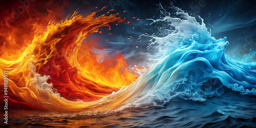 An abstract background that mixes waves of fire and water, with shades of red, orange and yellow flowing and mixing with blue, AI generated