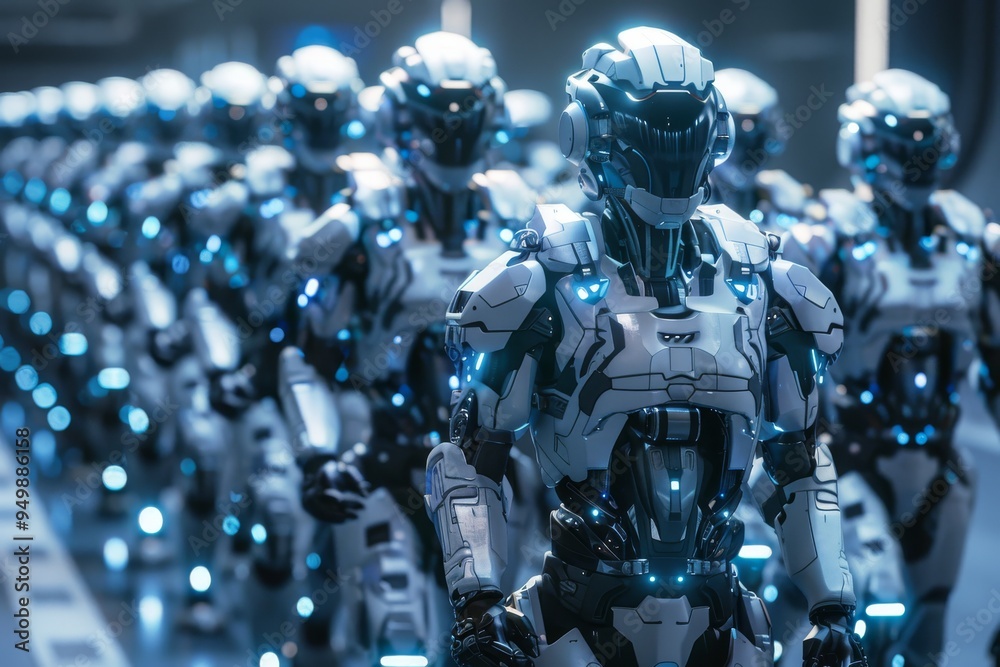 Fototapeta premium A group of cybernetically enhanced soldiers marching in formation, AI generated