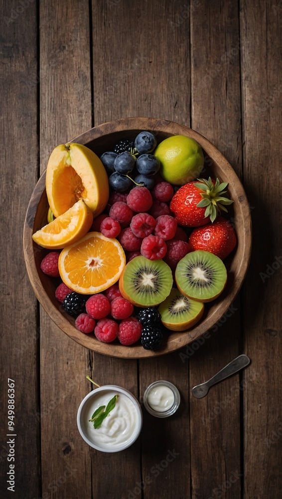 A top-down view of a rustic wooden table with an assortment of fresh fruits, yogurt, and a vibrant presentation. A top-down view of a rustic wooden table with an assortment of fresh fruits, yogurt, and a vibrant presentation.