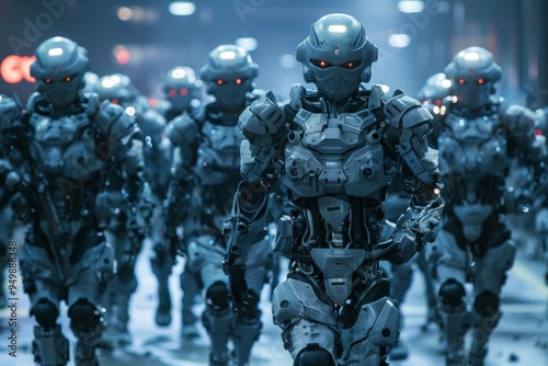 Several robots strolling along a city street, displaying a variety of shapes and colors in a futuristic setting, A group of cybernetically enhanced soldiers marching in formation, AI generated
