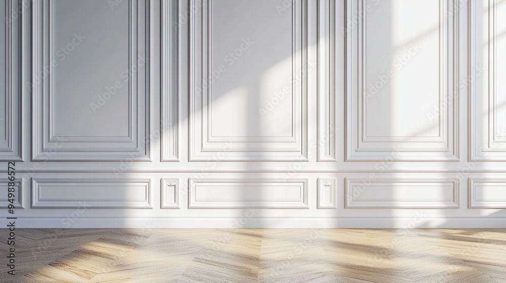 Room interior with white classic wall panel and wooden floor. Light background with luxury elegant molding frames. generative ai Room interior with white classic wall panel and wooden floor. Light background with luxury elegant molding frames. generative ai