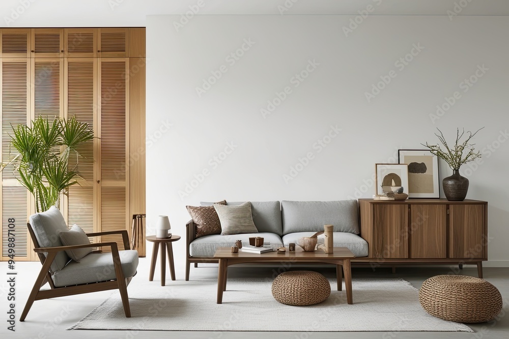 Fototapeta premium Minimalist Living Room Decor Ideas with Wooden Cabinets and Accessories for White Walls
