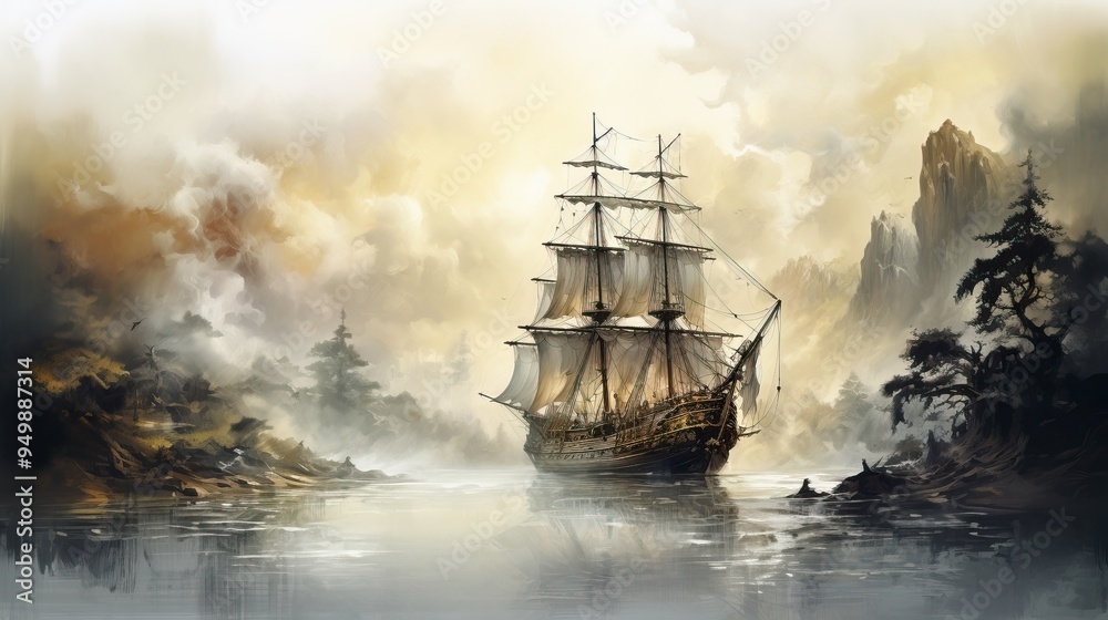 Fototapeta premium A majestic ship sailing through calm waters, surrounded by ethereal fog and towering cliffs, capturing a serene maritime landscape.