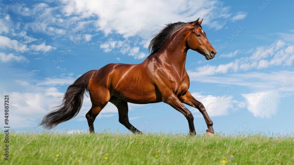 Majestic Horse Running in Open Field Under Blue Sky Majestic Horse Running in Open Field Under Blue Sky