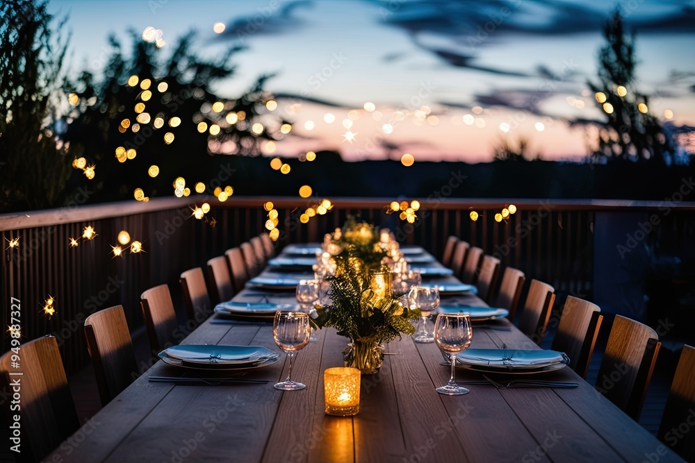 Rustic Wooden Dining Table Glowing Bokeh Lights in Twilight Ambiance Rustic Wooden Dining Table Glowing Bokeh Lights in Twilight Ambiance