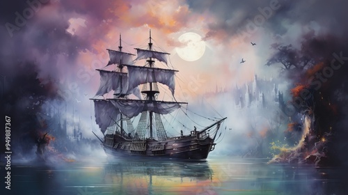 A majestic ship sails through a misty ocean under a vivid sunset, creating a mystical, adventurous atmosphere.