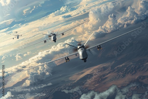 A group of reconnaissance drones gathering intelligence behind enemy lines, AI generated photo