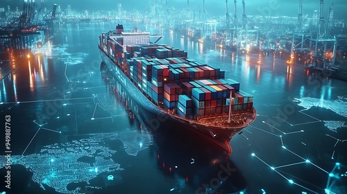 Cargo container ships utilize technology for global logistics photo