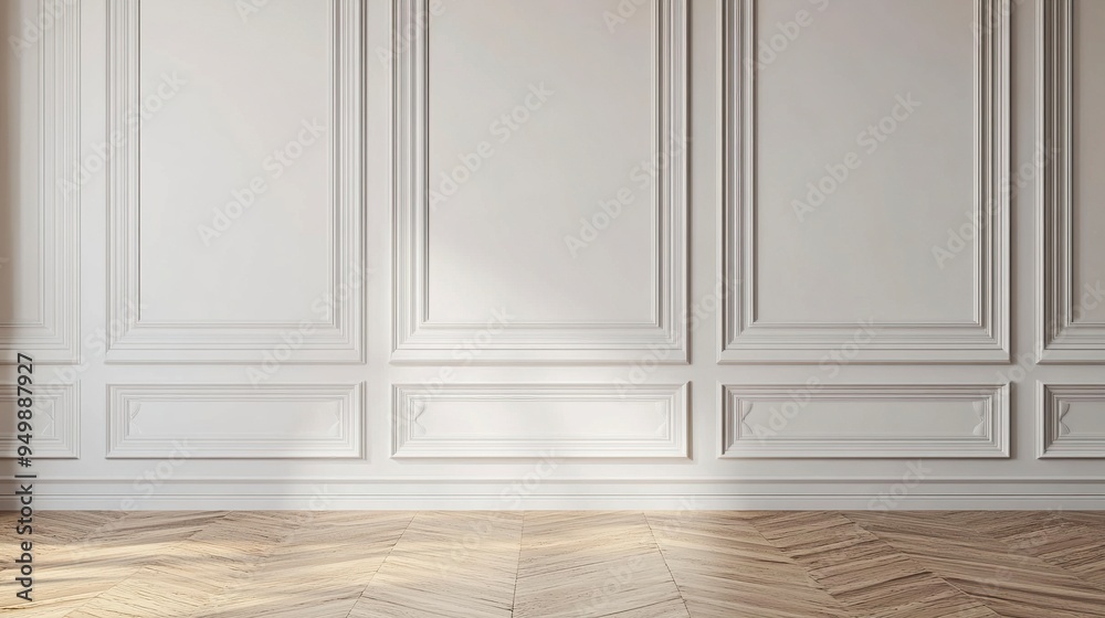 Room interior with white classic wall panel and wooden floor. Light background with luxury elegant molding frames. generative ai Room interior with white classic wall panel and wooden floor. Light background with luxury elegant molding frames. generative ai