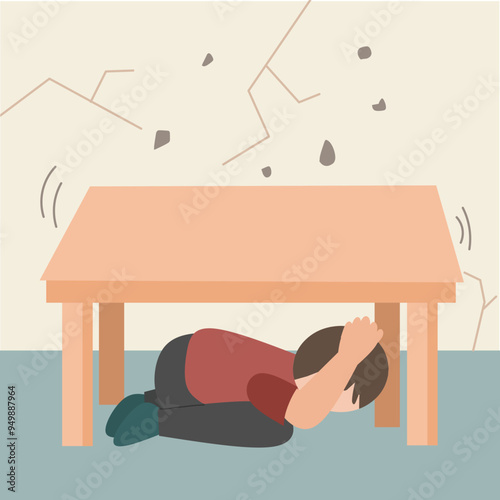 How to react during the Earthquake illustration, dropping, taking cover and holding cartoon, safety protocols during the earthquake 