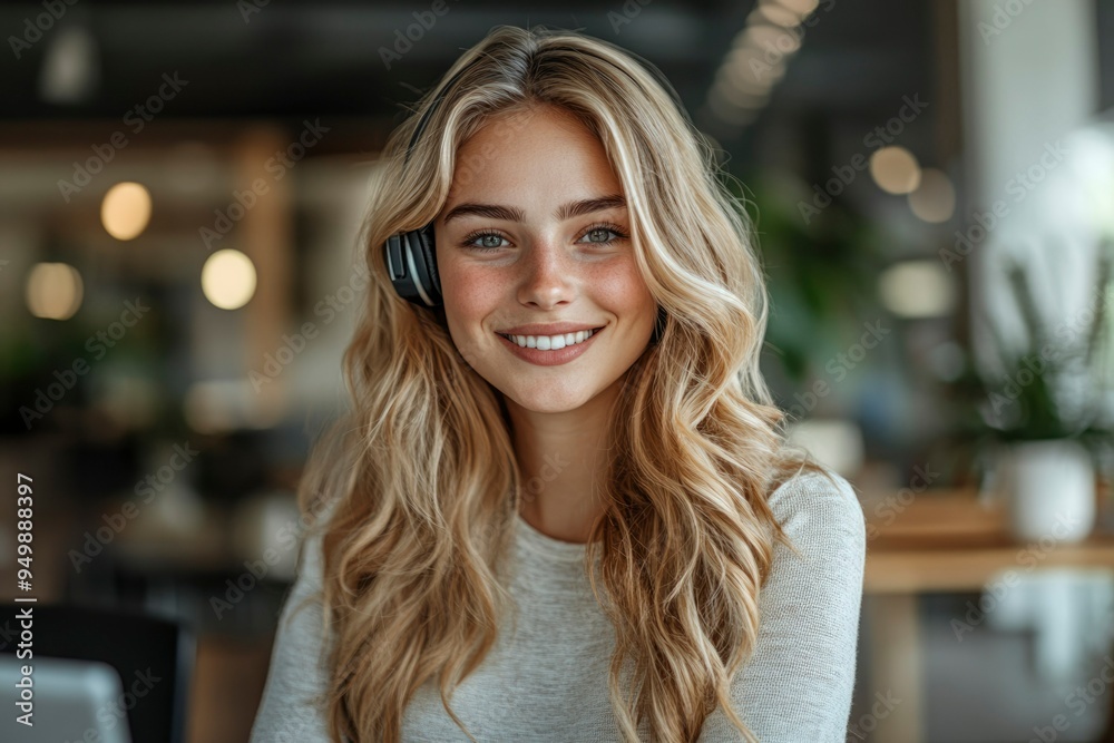 Portrait of a Smiling Woman with Headphones in a Modern Office Setting