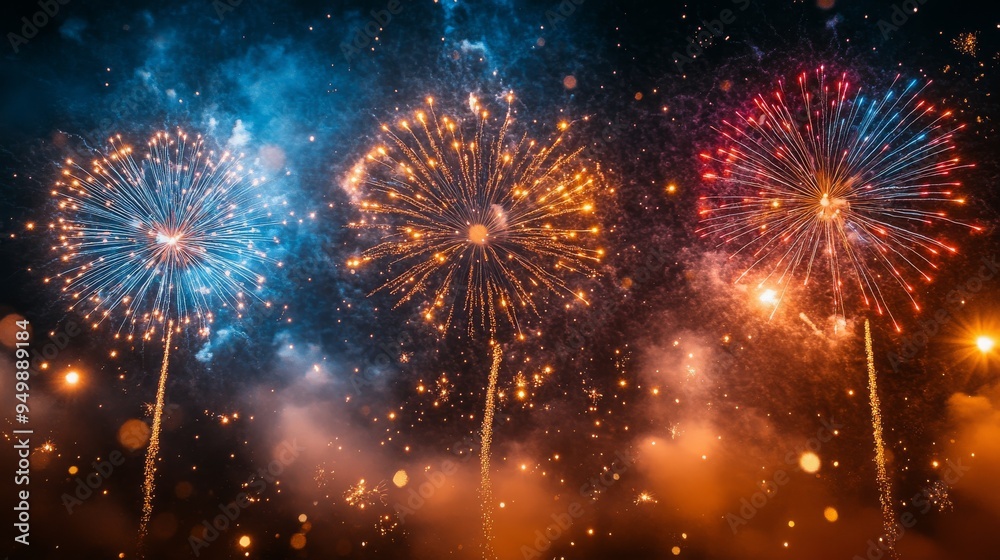 Fototapeta premium Bright fireworks burst in various colors above the crowd, celebrating a joyful community event on a warm summer night.