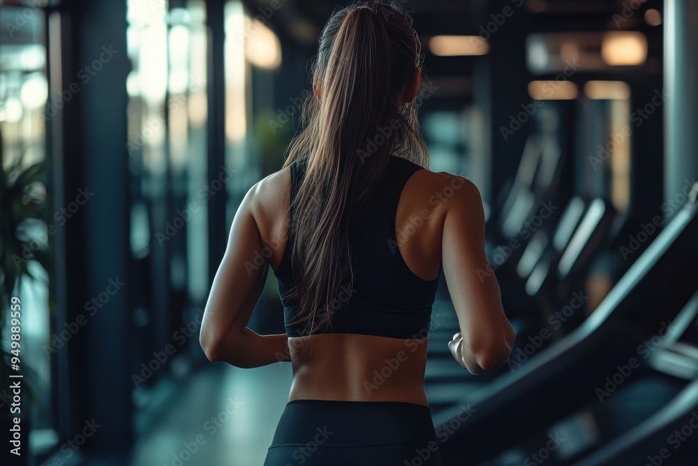 The athletic girl dressed in a black sportswear running on the treadmill in the modern gym The athletic girl dressed in a black sportswear running on the treadmill in the modern gym