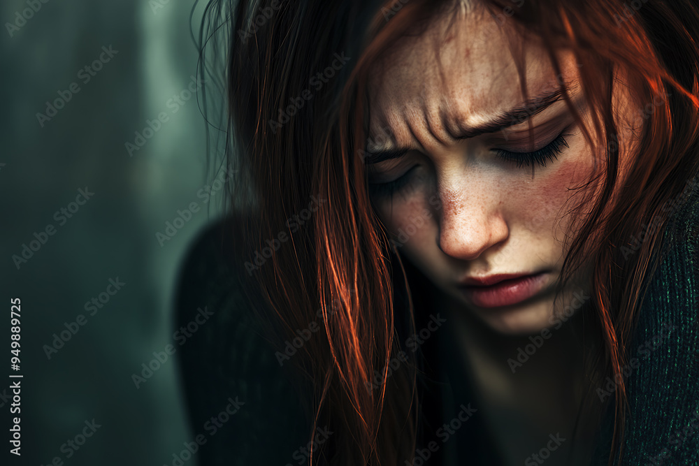 An emotional depiction of a woman in a state of depression, emphasizing feelings of sadness, loneliness, and despair An emotional depiction of a woman in a state of depression, emphasizing feelings of sadness, loneliness, and despair