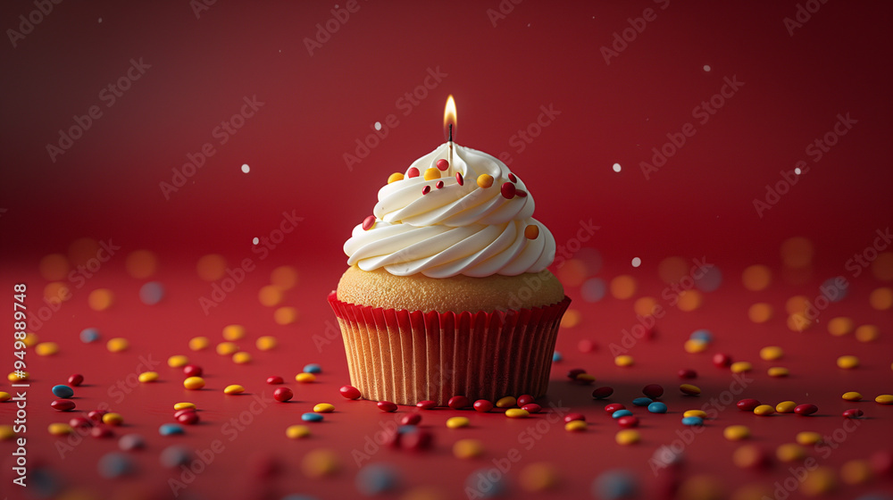 Birthday cupcake with a lit candle on a red background. Festive banner with empty copy space Birthday cupcake with a lit candle on a red background. Festive banner with empty copy space